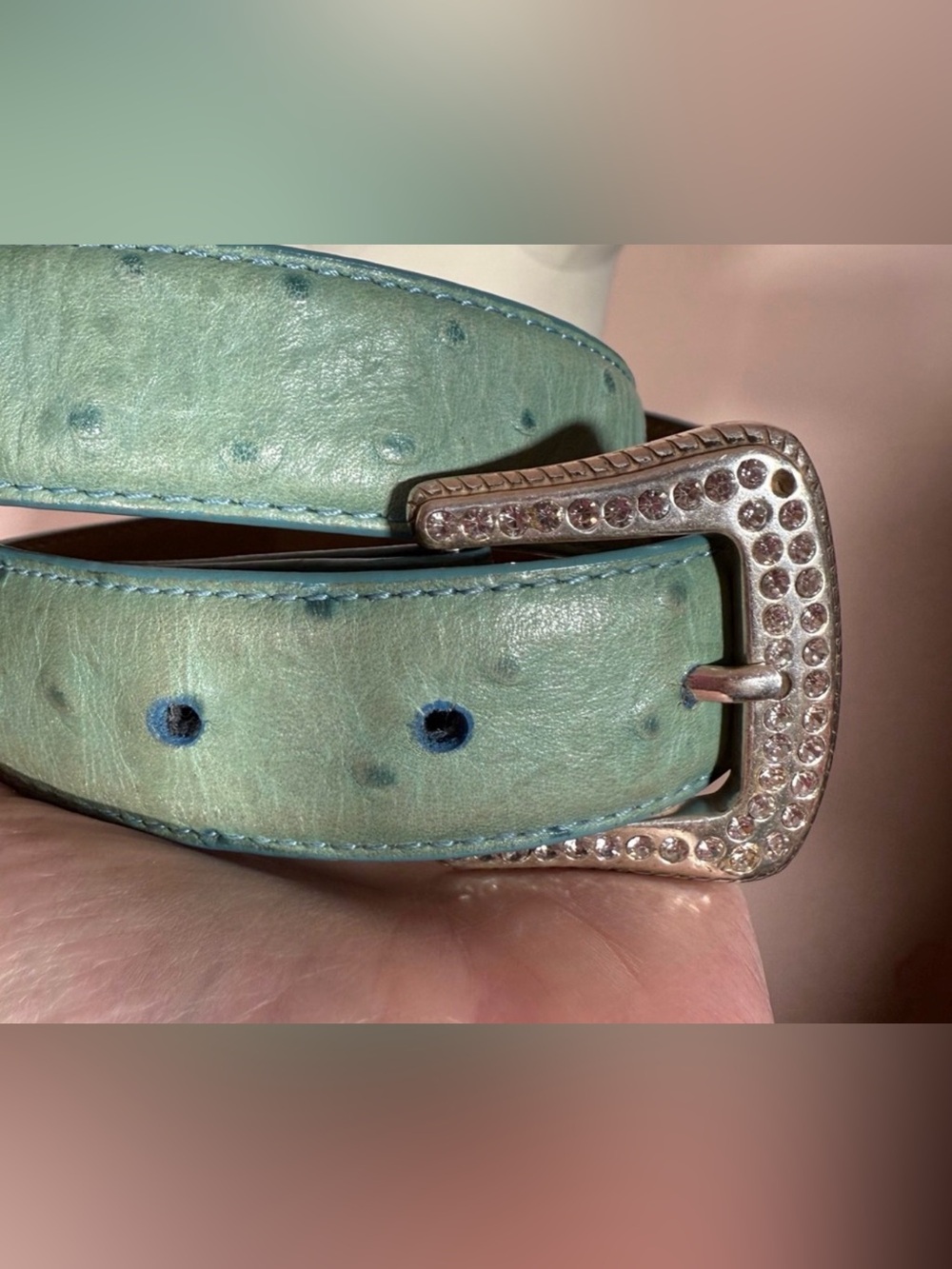 Roper turquoise ostrich embossed leather rhinestone silver buckle western belt - Picture 10 of 14